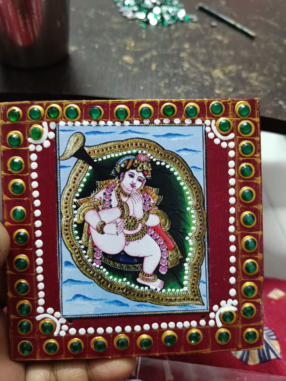 Return gifts - 4x4 Fridge magnet - Krishna in leaf
